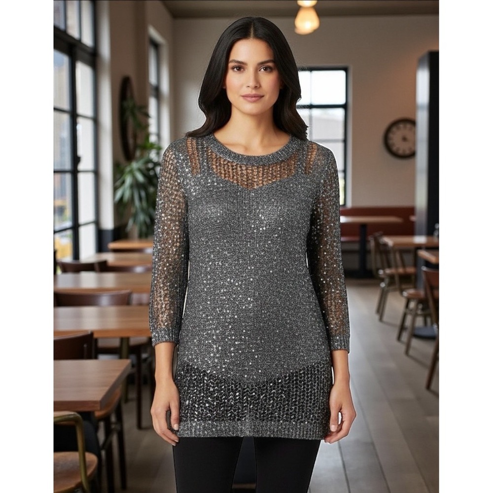 Lauren Michelle Woman Silver Sequin Mesh Knit Tunic Top 1X Sparkle Evening Glam